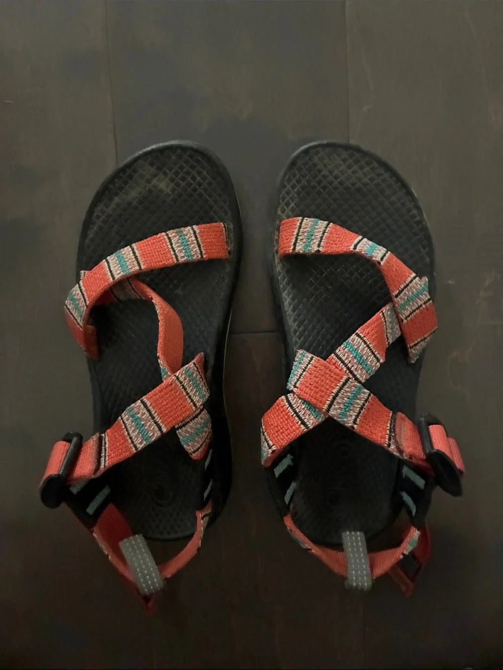 Chaco Kids Red Patterned Webbing Sandals with Teal Accents
